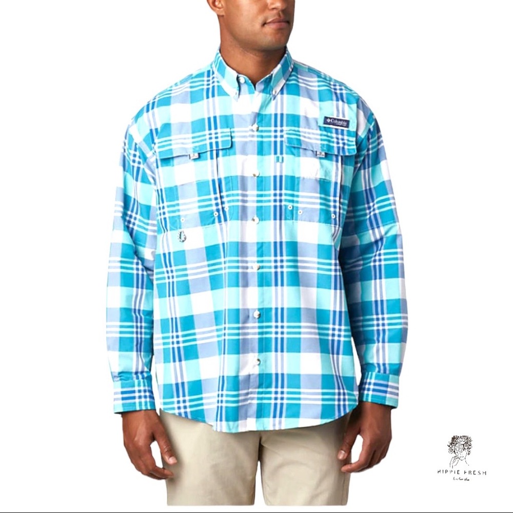 COLUMBIA  PFG SUPER BAHAMA MEN’S LONG SLEEVE SHIRT Green & Blue Plaid Size L
